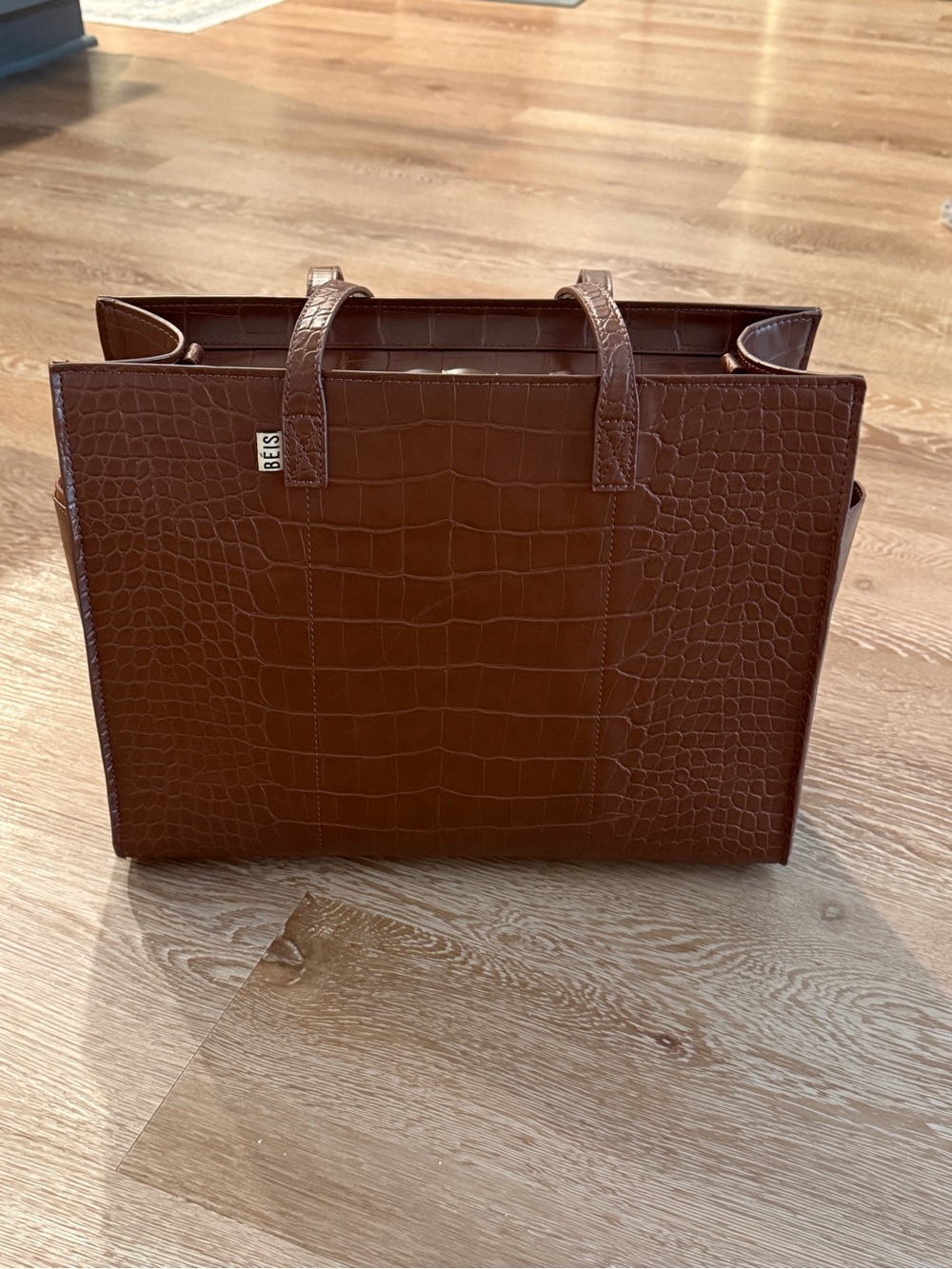 BÉIS Work Tote in Maple Croc | Gently Used | Strap and Removable Zipper Pouch